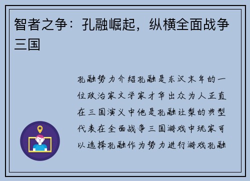 智者之争：孔融崛起，纵横全面战争三国